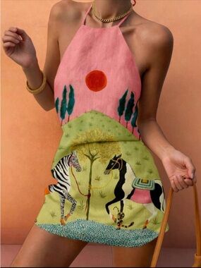 Multicolor Halter Mini Dress with Animal Print